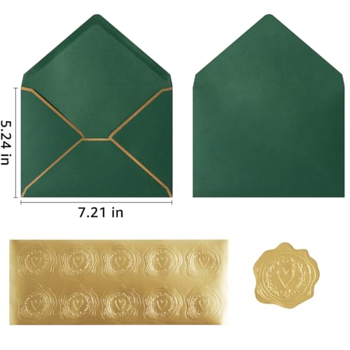 50 Pieces A7 Envelopes with Gold Stickers, Dark Green, 5.24 x 7.21 Inch - color: Dark Green, size: One Size