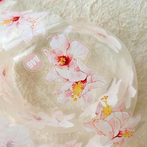 Seahorse Forest Vol8 A46 Vintage Pink Hibiscus Follower,Pre-Cut Floral Clear PET Tape Stickers,for Scrapbook Supplies,Scrapbook Tape Stickers,Junk Journal Supplies - style: Clear PET