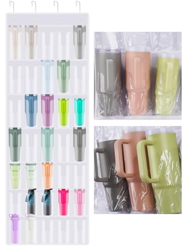 NiHome 35-Pocket Door Hanging Cup Organizer Fit for Stanley Tumbler 30 40oz | Large Capacity Over the Door Water Bottle Storage with Nano Tape, Waterproof Oxford Fabric, U-Shaped Handle Slots (White) - color: White (Upgraded), size: 75.2'' x 24.4"