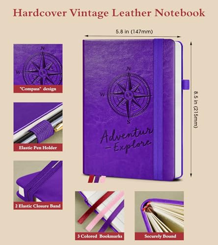 PAIBAS Lined Journal Notebook for Women Men, 160 Pages, A5 Hardcover Vintage Leather Journaling Notebooks for Work, School, Note Taking, Travel, Bible Study, Daily Diary for Writing 5.8"x8.5" (Purple) - color: Purple, size: Lined (5.8" x 8.5")