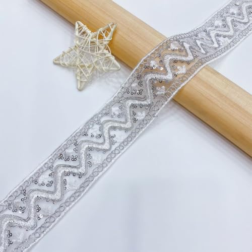 10 Yards 2 Inch Silver Sequin Lace Trim Beaded Metallic Trim Vintage Sheer Paillette Glitter Embroidery Sequins Edging Ribbon for Sewing Making Craft Wrapping Wedding Christmas Decor Supply - color: Silver