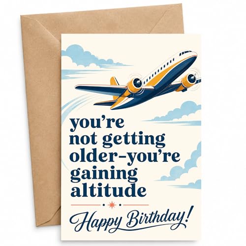 Funny Birthday Card for Pilot, Airplane Lover – Aviation Themed Greeting Card for Him Her, Men Women | Kraft Envelope & Sealing Sticker | Blank Inside to Write Your Message