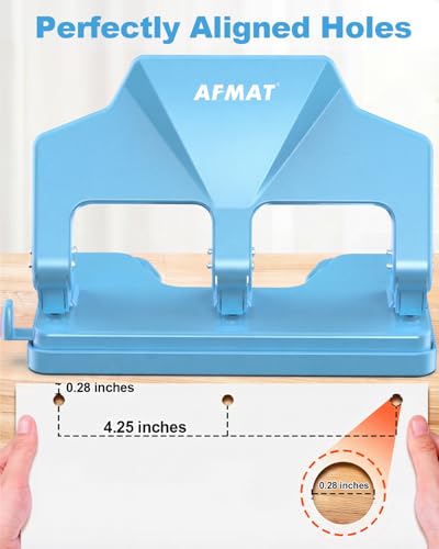 AFMAT 3 Hole Punch Heavy Duty, 40-Sheet Three Hole Punch, 50% Reduced Effort, 3 Hole Puncher for Binder w/Large Chip Tray, 9/32" Holes Diameter, Metal Paper Puncher for Home/Office/School, HP14(Cyan) - color: Cyan