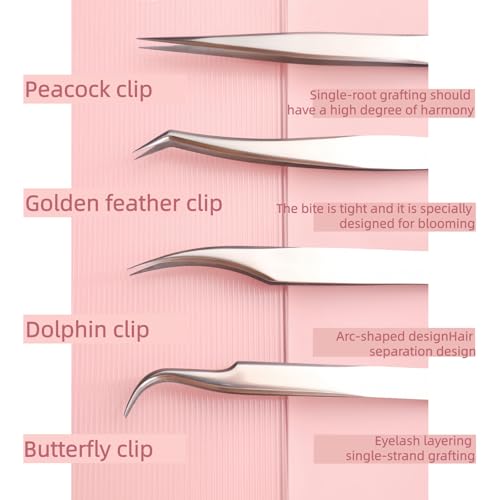 4 Pcs Lash Tweezers Set, High Precision Tweezers for Eyelash Extensions Clusters, Straight & Curved Volume Lash Tweezers Kit with Metal Case, Crafts, Girls, Beginers, Travel (4, Silver)