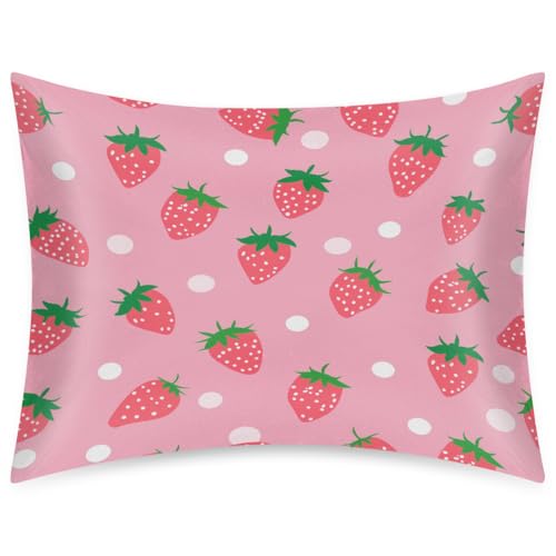 AUUXVA Pink Satin Pillowcase for Hair and Skin, Standard Size Girls Pillow Case Decorative Strawberry Pillow Sham with Envelope Closure Cute Pillow Cover for Bedroom Decor - color: Pink Strawberry, size: 20x26in