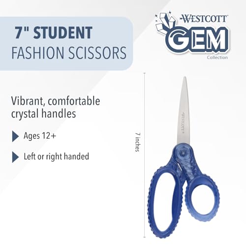 Westcott GEM Crystal-Design Scissors for Kids Ages 12+ - Back to School Essentials and Classroom Supplies - 7-Inch Pointed Student Scissors - for Right- or Left-Handed Use - Blue - 1 Pack - style: Blue Gem