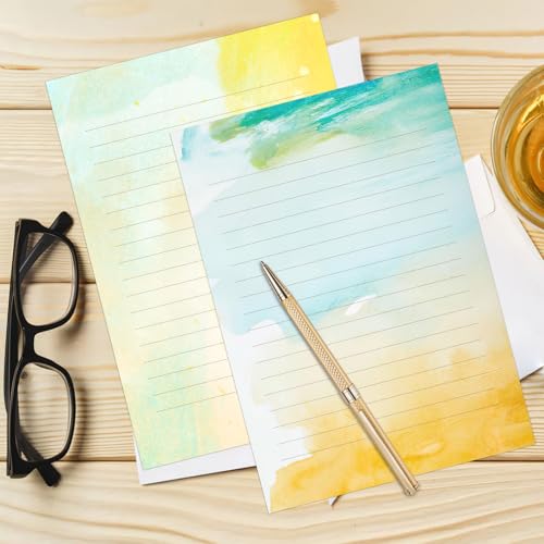 Watercolor Stationary Paper and Envelopes Set, 24 PCS Colorful Writing Stationery Paper with 12 PCS Envelopes,Pretty Watercolor Styles Stationery Printed Design for Love Letter, Party Invitations