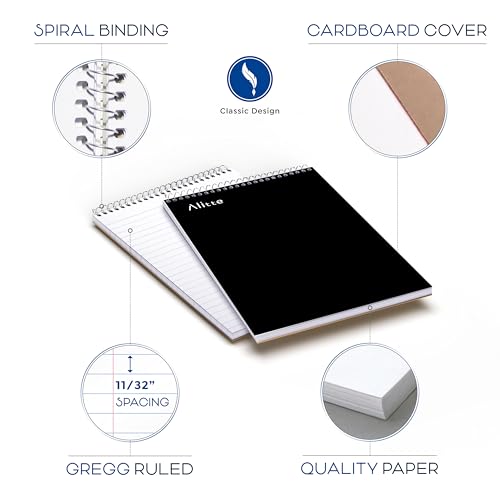 Alitte Steno Pads Spiral 6x9-12 Pack - Gregg Ruled, Perfect for Work, School, and Home Use, Easy Tear-Off Pages, White Paper - No Ink Bleeds - 80 Sheets - color: Black, size: 12 Pack
