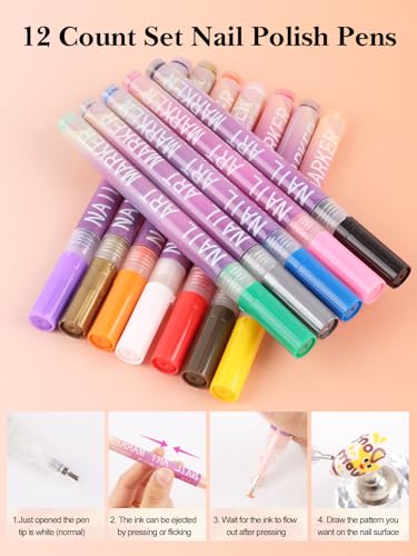 EBANKU 12 Colors Nail Art Pens Set, Nail Polish Pens for Nail Art Quick Drying 3D Acrylic Paint Markers for Painting Dotting Liner Pen Nail Salon DIY - color: 12P(B)