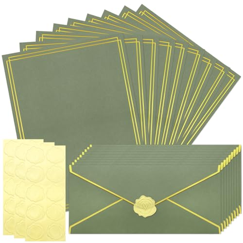 30 Pack Stationery Paper Set with Gold Border Including #10 Business Envelopes and 8.5x11 Paper Sheets 30 Gold Stickers for Love Letters and Party Invitations (Sage-Green) - color: Sage-Green