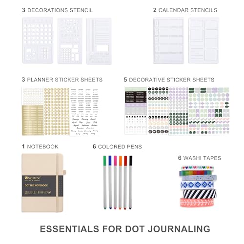 &And Per Se Junk Journal Kit, A5 Hardcover Dot Grid Journal Notebook Set for Beginners with Journaling Supplies Stencils, Stickers, Washi Tapes & Colored Pens Accessories (Light Apricot) - color: Light Apricot, size: 176-Dotted Journal Kit