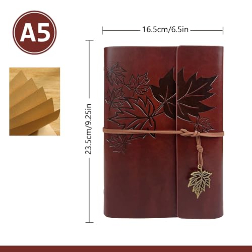 Journal Notebook for Women Men, Brown Leather Sketchbook Classic Spiral Bound Notebook with Unlined Kraft Paper Refillable Diary Travel Journals for Writing Ideal Gifts(Leaves,A5/DarkBrown) - color: ReddishBrown