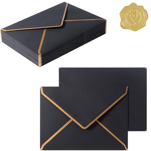 50 Pieces A7 Envelopes with Gold Stickers, Black, 5.24 x 7.21 Inch - color: Black, size: One Size