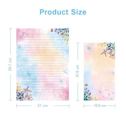 Lined Stationary Paper and Envelopes Set Floral Bird Watercolor Stationary Set with Lined Letter Writing Paper - 48 Sheets + 24 Envelopes, 8 x 11 Inch of Each Stationary Paper