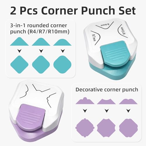 Paper Corner Cutter Set, 2 Pcs 3-in-1 Paper Corner Rounder Punch (R4/R7/R10mm) & Decorative Corner Punch, Round Corner Punch for Cardstock, Cards, Photos, Business Cards, Scrapbooks