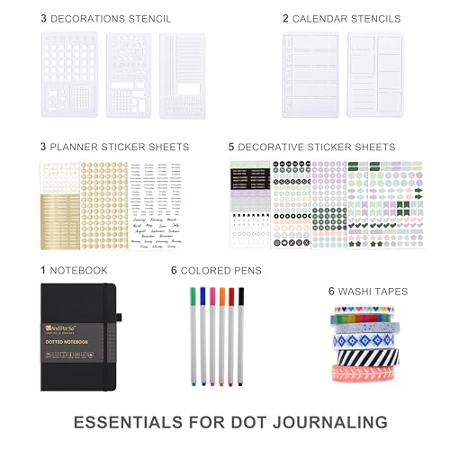&And Per Se Junk Journal Kit, A5 Hardcover Dot Grid Journal Notebook Set for Beginners with Journaling Supplies Stencils, Stickers, Washi Tapes & Colored Pens Accessories (Black) - color: Black, size: 176-Dotted Journal Kit