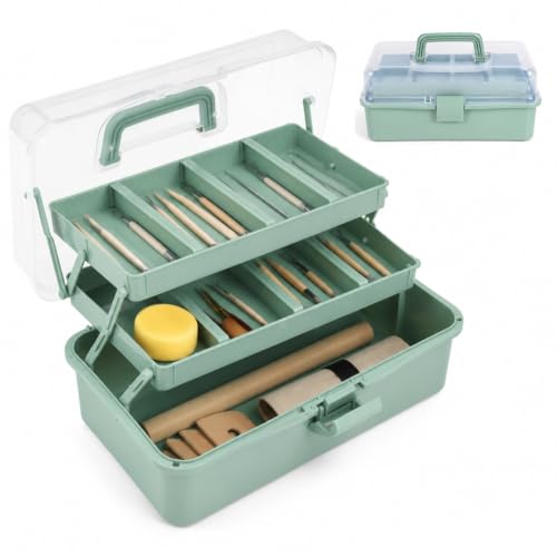 Quntharil Pottery Tool Organizer, 3-Tier Pottery Tool Storage Box with Removable Dividers, Plastic Craft Organizer Case Art Supply Storage with Handle and Safety Latch for Studio & Travel, Green