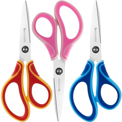 7" Kids Scissors Ages 8+ for School, 3-Pack Soft Comfort Grip, Pointed Tip | Durable Stainless Steel Blades Perfect for Students Class Projects, DIY, Arts, Home, Red/Pink/Blue