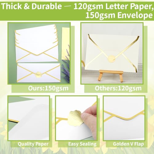 30 Pack Stationery Paper Set with Gold Border Including #10 Business Envelopes and 8.5x11 Paper Sheets 30 Gold Stickers for Love Letters and Party Invitations (White) - color: White