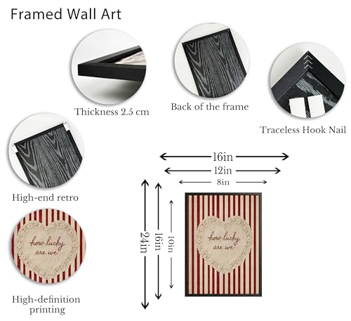 Framed 'How Lucky Are We' Heart Wall Art, Vintage Red Stripe Lace Canvas Print, Rustic Farmhouse Decor for Living Room Bedroom Guest Room Nursery Home - color: Floral-1, size: 24"L x 16"W