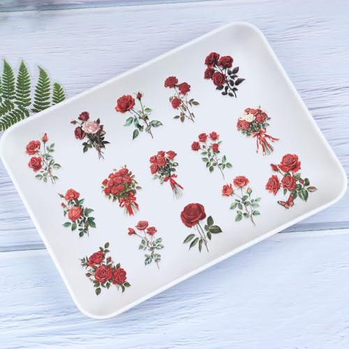 50 Pcs Vintage Red Rose Stickers for Scrapbooking – Retro Floral Clear Botanical Flower Stickers for Journaling, Aesthetic Decor, Collage, Cards Crafts - color: Red Rose