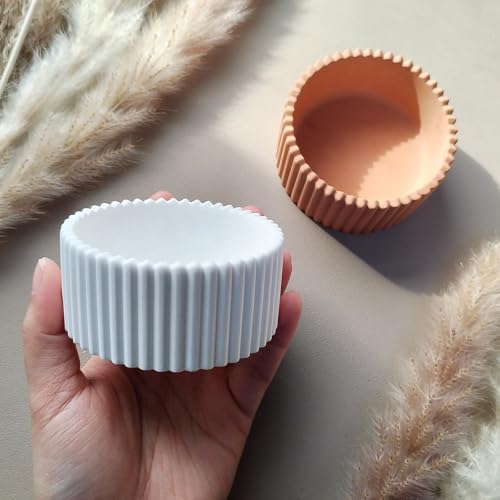 Wehous 2PCS Round Candle Holder Molds, Striped Storage Box Jar Plant Pot Silicone Molds for Epoxy Resin Concrete Cement Plaster, Container Trinket Tray Jewelry Holder Craft Mould DIY Home Ornament - color: 2x round strip