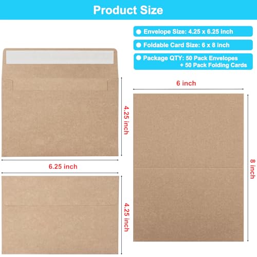 Blank Cards and Envelopes 4x6, 50 Pack Brown Blank Folded Greeting Cards and Envelopes Set with A4 Greeting Card Envelopes for DIY Greeting Cards, Thank You Cards, Invitations in All Occasions
