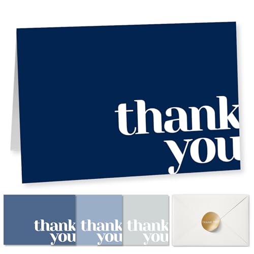 Paper Play Thank You Cards Bulk Pack of 40 Blue, 5x3.5 Inches with Matching Stickers & Envelopes, Minimalistic Design Suitable for Business, Baby Shower, Wedding, Small Business, Graduation, Funeral - color: Blue