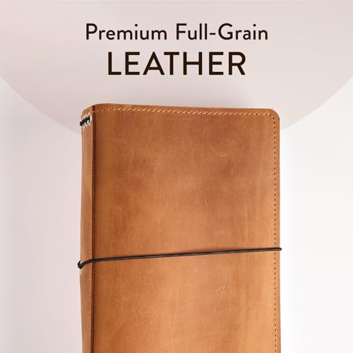 Leather Journal Cover for Regular 4.5" x 8.5" Notebook, Refillable Leather Notebook Case with 5 Elastic Bands, Pen Holder & Pockets, Travel Journal Organizer (Paper Not Included), Caramel Brown - size: Regular