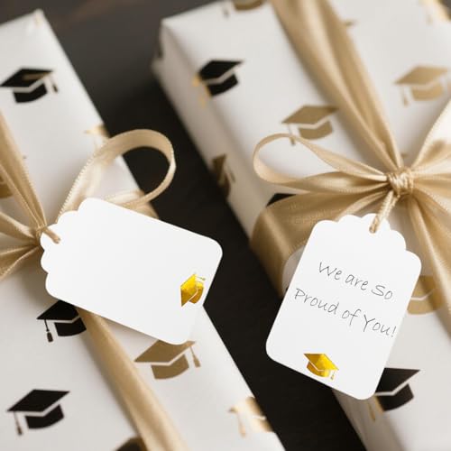100Pcs Blank Gift Tags with String Foil Gold Grad Cap Large White Paper Gift Tags with 65 Ft Jute Twine for Congrats Grad Congratulations Graduation Party - color: Gold Graduation