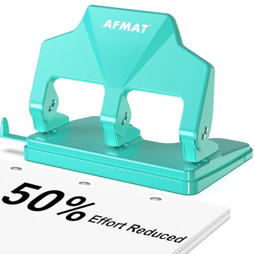 AFMAT 3 Hole Punch Heavy Duty, 40-Sheet Three Hole Punch, 50% Reduced Effort, 3 Hole Puncher for Binder w/Large Chip Tray, 9/32" Holes Diameter, Metal Paper Puncher for Home/Office/School, HP14(Green) - color: Turquoise