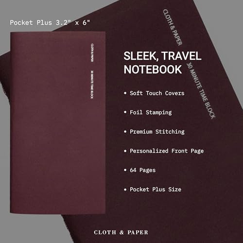 Cloth & Paper Travel Notebook | Time Blocking Planner – Bordeaux | Pocket Plus Daily Schedule Planner 3.2" x 6" | 30 Minute Time Block Layout for Planning, Scheduling & Productivity – Soft Touch Cover - color: Bordeaux | Time block