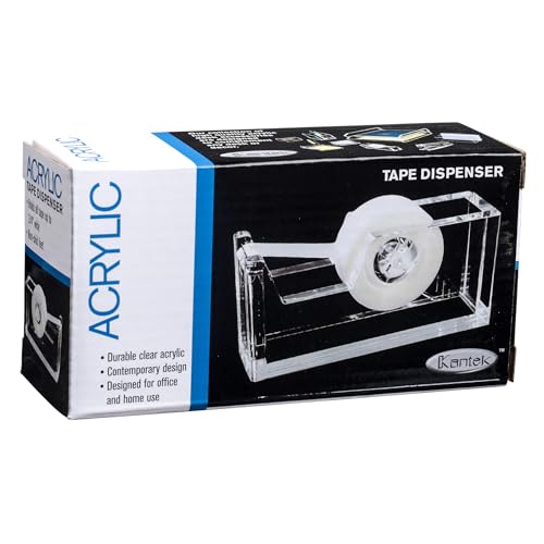Kantek Clear Acrylic Office Tape Dispenser, Fits Standard 3/4" Refill Rolls, Office Organizer, Desk Accessory, 1.8" x 5.6" x 2.9", Non-Skid Feet for Single Handed Dispensing