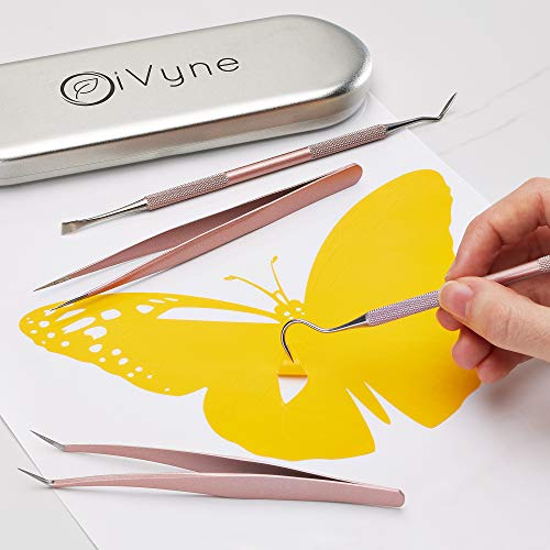 Premium Vinyl Weeding Tool Kit - Precision Stainless Steel Weeder - Hook and Pick with Fine Tweezers Crafting Set for Cricut Vinyl - by iVyne (Rose Gold) - color: Rose Gold