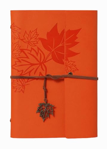 Journal Notebook for Women Men, Orange Leather Sketchbook Classic Spiral Bound Notebook with Unlined Kraft Paper Refillable Diary Travel Journals for Writing Ideal Gifts(Leaves,A5/Orange) - color: Orange
