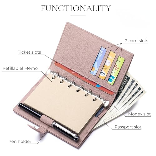 Leather Journal Cover for A7 Planner, Small Notebook Cover with Back Pocket, Pen Loop, Card Slots and 6-Ring Refill Papers (4.84 x 3.23''), Passport Wallet for Travel - color: Gray/Pink