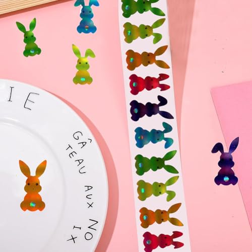 500PCS Easter Stickers Roll 8 Colors Spring Easter Bunny Stickers 1.2in Laser Glitter Self-Adhesive Decorative Label Rabbit Sticker for Envelopes Scrapbook Holiday Party Decorations - color: Colorful Bunny-6