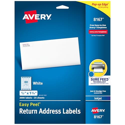 Avery Printable Return Address Labels with Sure Feed, 0.5" x 1.75", White, 2,000 Blank Mailing Labels (08167) - size: 1/2" x 1 3/4", style: 2,000 labels