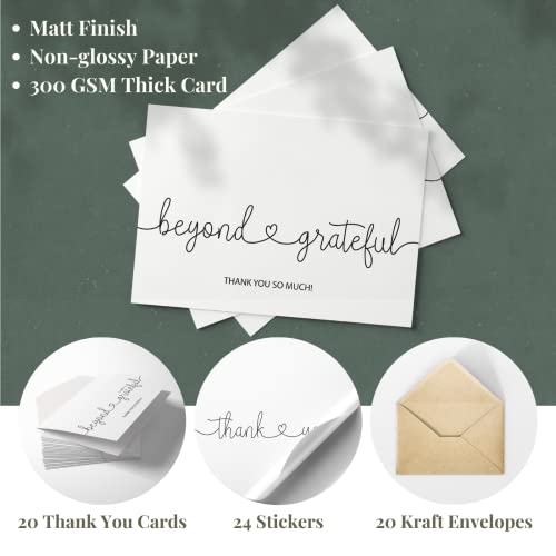 Paper Play Thank You Cards with Envelopes Beyond Grateful, Bulk Pack of 20 | 4"x 6", Matching Envelopes & Seal Stickers, Heavyweight Cardstock, For Business, Baby Shower, Wedding, Graduation, Funeral - color: Beyond Grateful