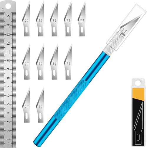 DIYSELF Precision Craft Knife with 10 Extra #11 Blades, 6-Inch Metal Ruler - color: Blue-10blades
