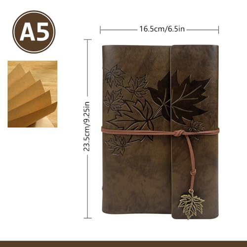 Journal Notebook for Women Men, Brown Leather Sketchbook Classic Spiral Bound Notebook with Unlined Kraft Paper Refillable Diary Travel Journals for Writing Ideal Gifts(Leaves,A5/DarkBrown) - color: Dark Brown