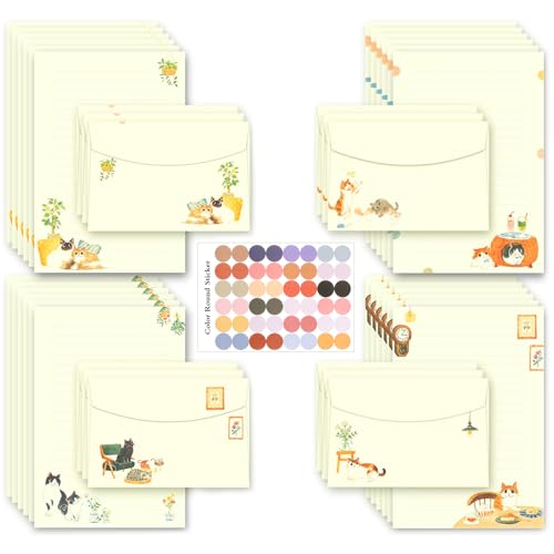 37 Pcs Stationery Paper Envelopes Set | Includes 24 Writing Paper & 12 Envelopes & 48 Stickers, Cat Letter Writing and Stationery Paper Envelopes(4Style) - color: Cute Cat