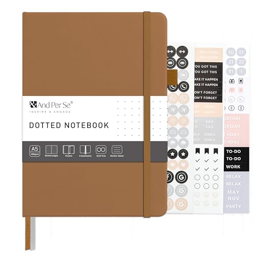 &And Per Se Dotted Journal Notebook – A5 Hardcover, 160 Pages 100gsm Paper, Dot Grid Notebook for Planning & Creative Journaling, 3 Sticker Sheets Included (Light Brown) - color: Light Brown, style: Dotted 160 pages