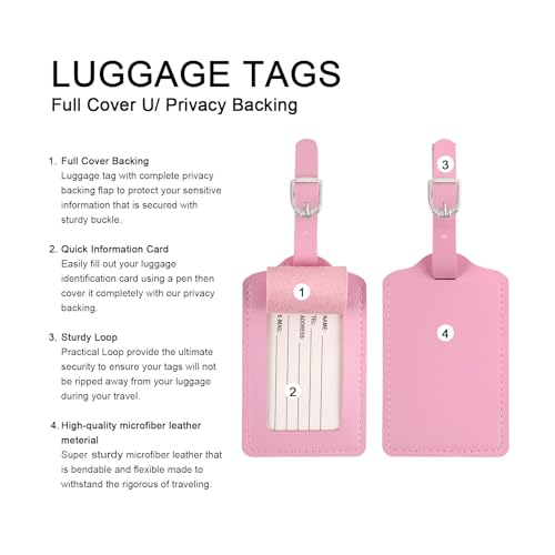 Vigorport Luggage Tags, Leather Personalized Suitcase Tag Set of 4 Pack - color: Pink
