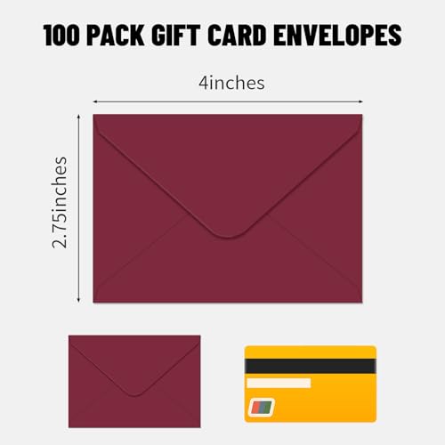 100 Pack Small Gift Card Envelopes 4 x 2.75" Mini Wine Red Envelope - color: Wine Red