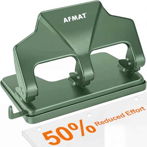 AFMAT 3 Hole Punch Heavy Duty, 40-Sheet Three Hole Punch, 50% Reduced Effort, 3 Hole Puncher for Binder w/Large Chip Tray, 9/32" Holes Diameter, Metal Paper Puncher for Home/Office/School, HP17 - color: Green