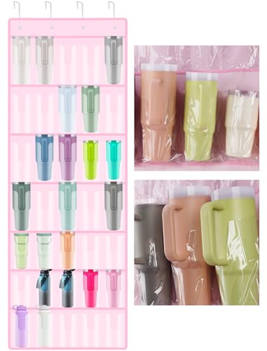 NiHome 35-Pocket Door Hanging Cup Organizer Fit for Stanley Tumbler 30 40oz | Large Capacity Over the Door Water Bottle Storage with Nano Tape, Waterproof Oxford Fabric, U-Shaped Handle Slots (Pink) - color: Pink (Upgraded), size: 75.2'' x 24.4"