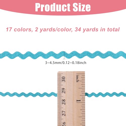 GLOBLELAND 34Yards 17Colors Mini Rick Rack Fringe Trim Ribbon Tiny Wave Bending Sewing Lace Trim Ribbon for Doll Clothes Sewing Craft Supply