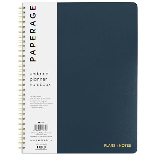 PAPERAGE Undated Daily Planner & To Do List Notepad (Navy), 8.5 in x 11 in, Spiral Bound Planner Notebook for Work, School or Home, 104 Lined Pages With Date Tracker for Plans & Notes - color: Navy, style: Spiral Large