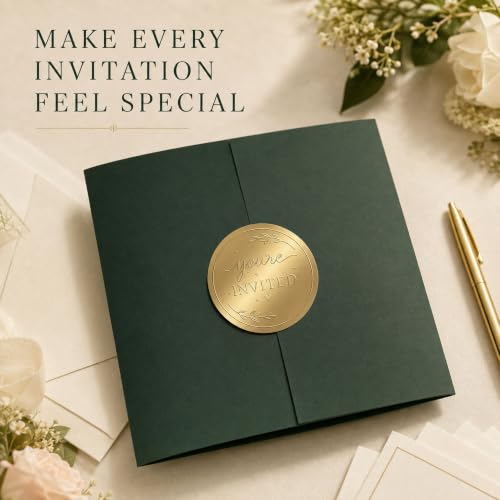 Gold Embossed Invitation Envelope Stickers: 100 Count, 1.6-Inch Round | Metallic Raised Botanical Foil Envelope Seals for Wedding Invitations, Bridal Showers & Formal Event Stationery